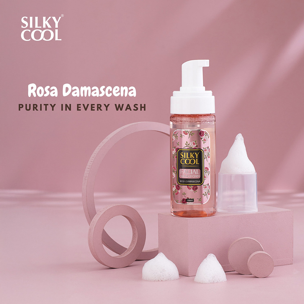 Silky Cool Facial Foam Wash 150ml Deep Cleansing Hydrating Face Wash Aloe Vera, Vitamin C, Rose, Lavender, Coffee Extracts Gentle Refreshing