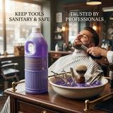 Barber cleaning scissors and clippers using instrument disinfectant in salon workspace hygiene routine