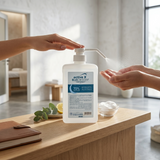 Professional salon workstation being sanitized using ActiveX Blue Crescent isopropyl alcohol disinfectant