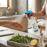 Salon professional using ActiveX disinfectant spray to sanitize workstation surfaces