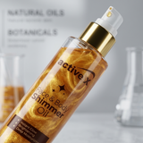 Face and body shimmer oil ingredients argan oil mica radiant glow skincare close up detail