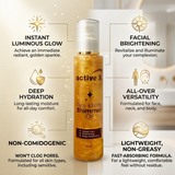 Shimmer oil benefits hydrating glow radiant skin lightweight non greasy infographic
