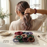 Woman using no crease spiral hair ties for comfortable everyday ponytail styling