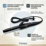 Westinghouse WHCT400 curling tong showing ceramic coating and adjustable heat settings