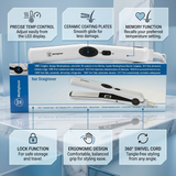 Westinghouse hair straightener highlighting ceramic plates, memory function and 210°C heat